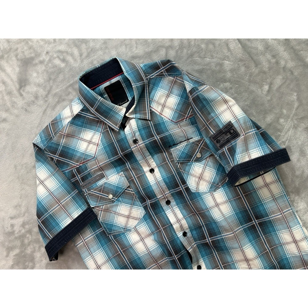 7 Diamonds Western Shirt Mens Large Blue Plaid Long Sleeve Pearl Snap Cowboy